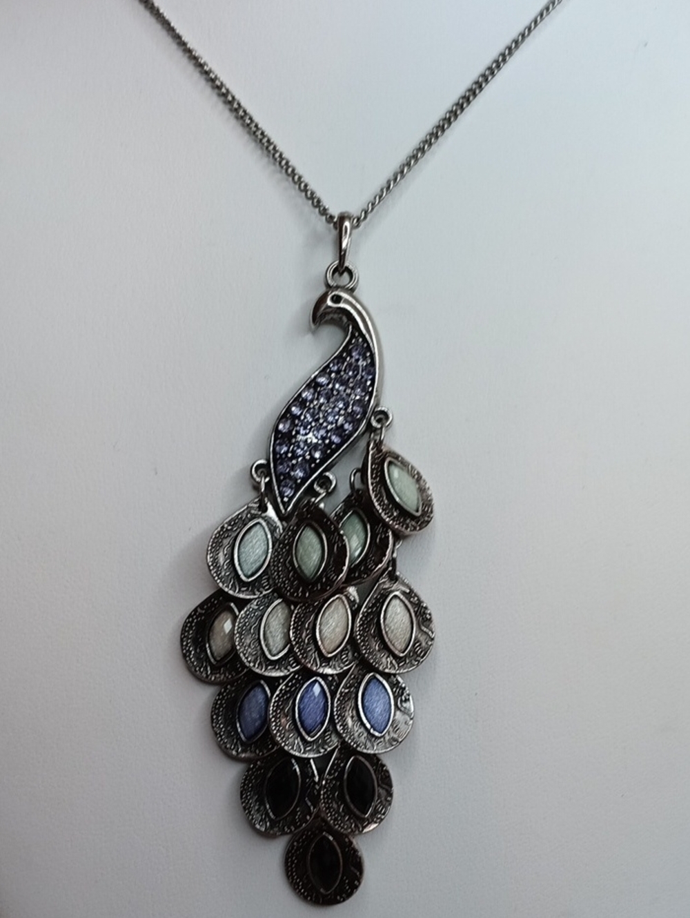 Silver Tone Peacock Pendant Necklace with Blue and Green Accents